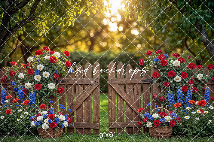 Rustic Patriotic Garden Gate Photography Backdrop – Fourth of July Floral Portrait Scene | HSD Backdrops
