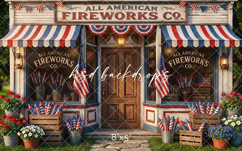All American Fireworks Co. Storefront Photography Backdrop – Patriotic Fourth of July Portrait Scene | HSD Backdropsop