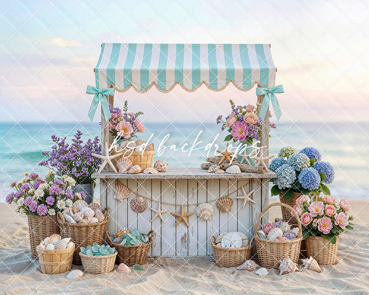 Seaside Shell Stand Photography Backdrop – Coastal Summer Portrait Scene | HSD Backdrops