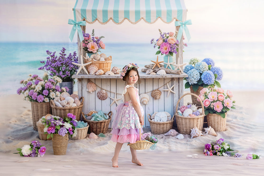 Seaside Shell Stand Photography Backdrop – Coastal Summer Portrait Scene | HSD Backdrops