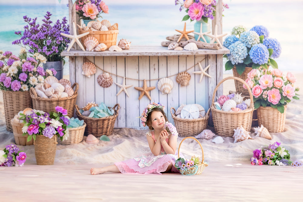 Seaside Shell Stand Photography Backdrop – Coastal Summer Portrait Scene | HSD Backdrops