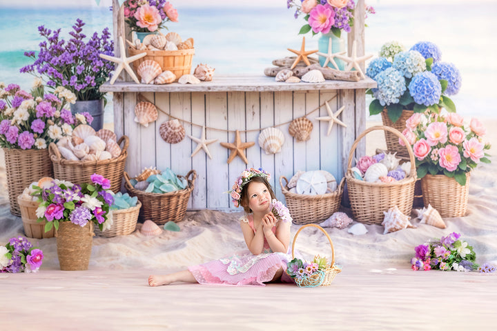 Seaside Shell Stand Photography Backdrop – Coastal Summer Portrait Scene | HSD Backdrops