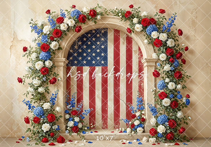 Patriotic Floral Arch Photography Backdrop – Fourth of July Portrait Scene | HSD Backdrops