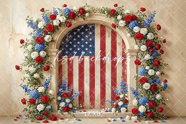 Patriotic Floral Arch Photography Backdrop – Fourth of July Portrait Scene | HSD Backdrops