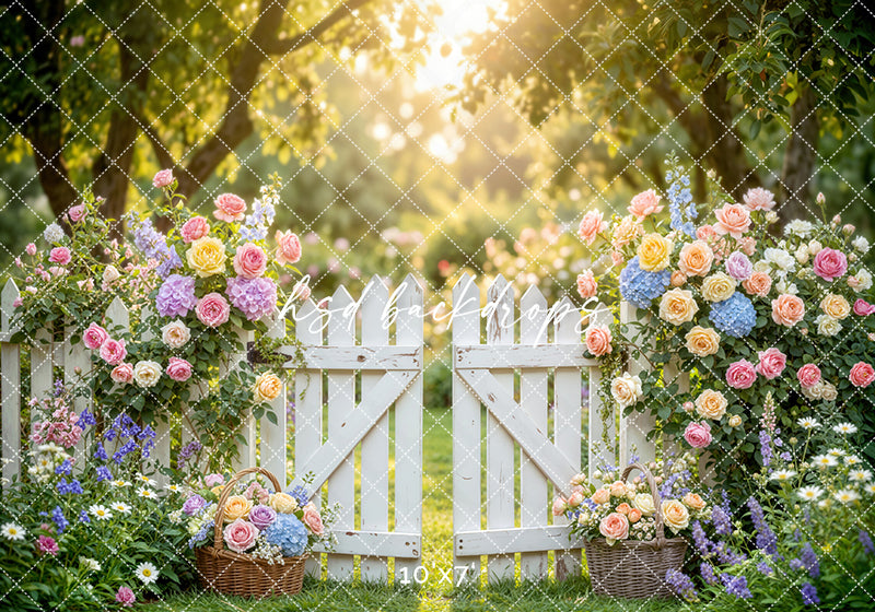 Pastel Garden Gate Photography Backdrop – Romantic Spring Portrait Scene | HSD Backdrops