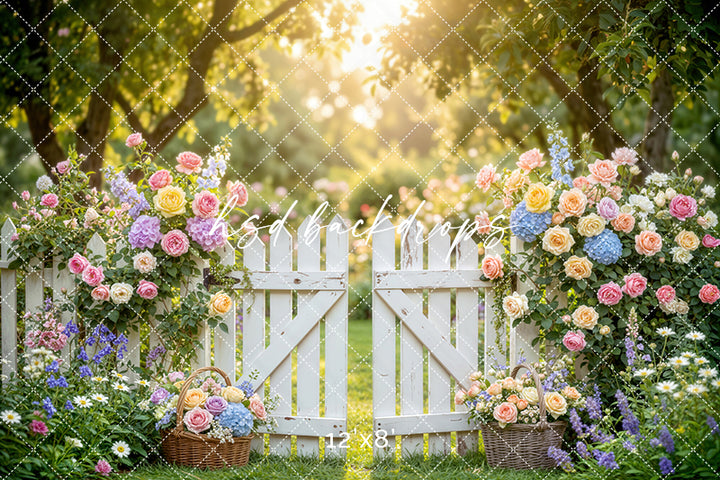 Pastel Garden Gate Photography Backdrop – Romantic Spring Portrait Scene | HSD Backdrops