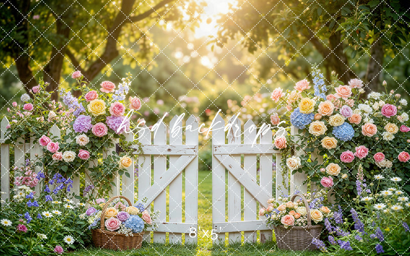Pastel Garden Gate Photography Backdrop – Romantic Spring Portrait Scene | HSD Backdrops