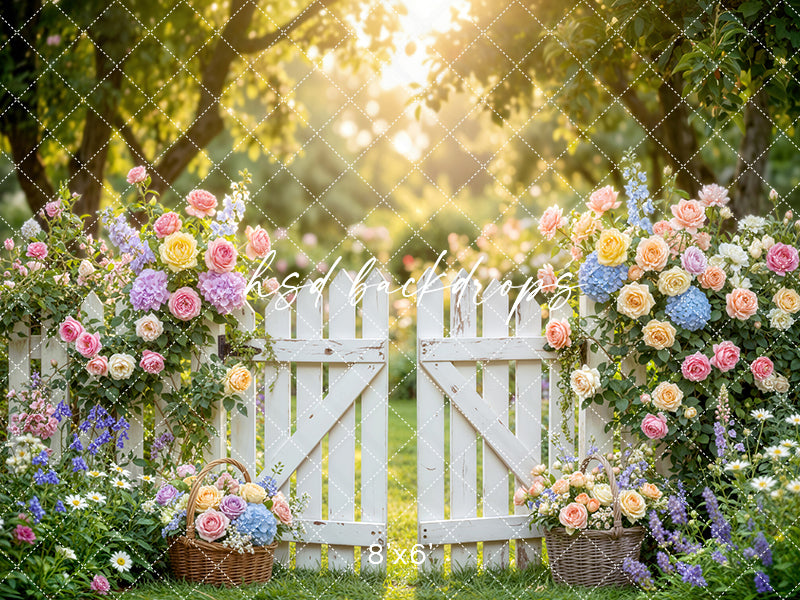 Pastel Garden Gate Photography Backdrop – Romantic Spring Portrait Scene | HSD Backdrops