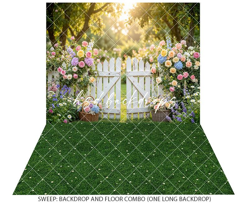 Pastel Garden Gate Photography Backdrop – Romantic Spring Portrait Scene | HSD Backdrops