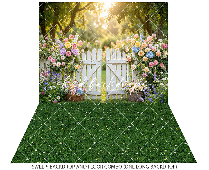 Pastel Garden Gate Photography Backdrop – Romantic Spring Portrait Scene | HSD Backdrops