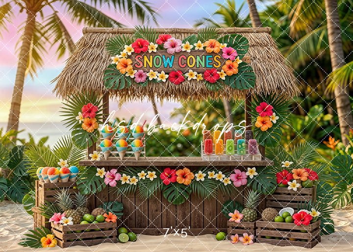 Tropical snow cone stand photography backdrop with a thatched roof, bright tropical flowers, palm leaves, fruit crates, and colorful shaved ice for summer portrait photography.