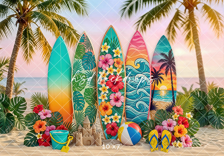 Sunset Surfboard Photography Backdrop – Vibrant Coastal Portrait Scene | HSD Backdrops