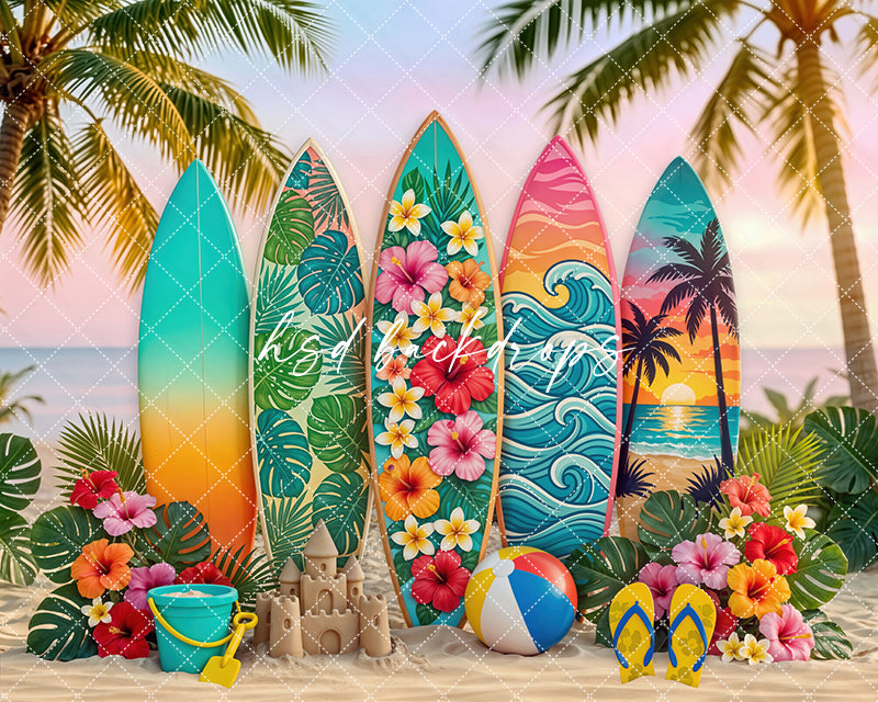 Sunset Surfboard Photography Backdrop – Vibrant Coastal Portrait Scene | HSD Backdrops