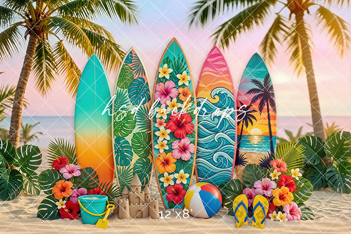 Sunset Surfboard Photography Backdrop – Vibrant Coastal Portrait Scene | HSD Backdrops