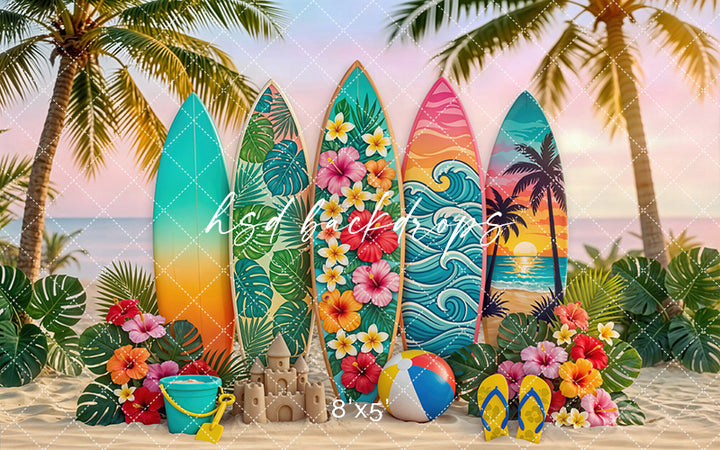 Sunset Surfboard Photography Backdrop – Vibrant Coastal Portrait Scene | HSD Backdrops