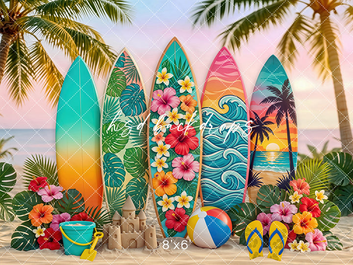 Sunset Surfboard Photography Backdrop – Vibrant Coastal Portrait Scene | HSD Backdrops