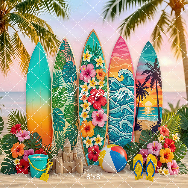 Sunset Surfboard Photography Backdrop – Vibrant Coastal Portrait Scene | HSD Backdrops