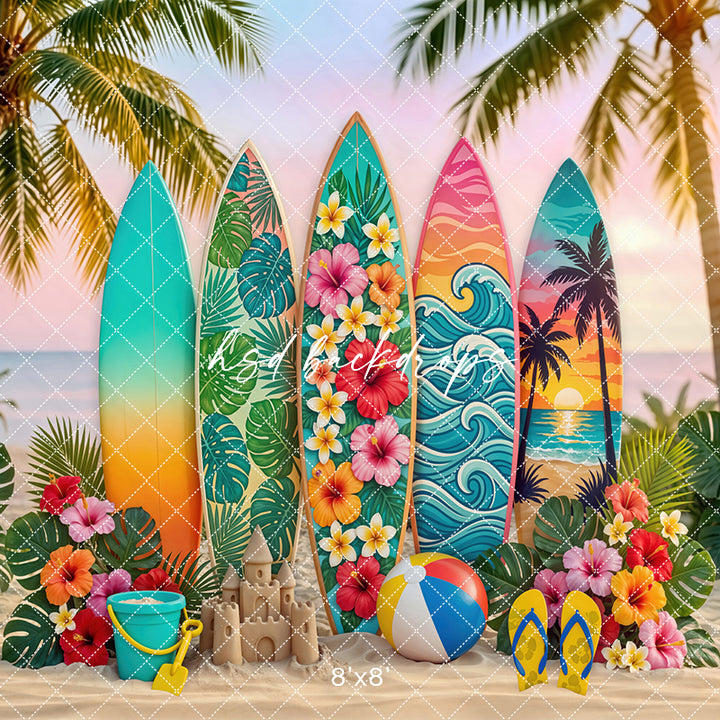 Sunset Surfboard Photography Backdrop – Vibrant Coastal Portrait Scene | HSD Backdrops