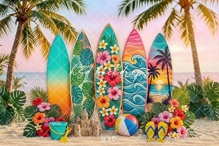 Sunset Surfboard Photography Backdrop – Vibrant Coastal Portrait Scene | HSD Backdrops