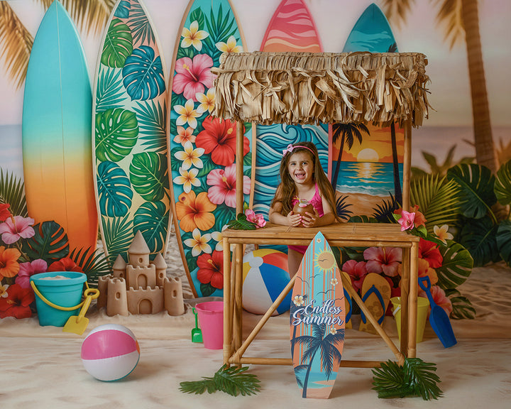 Sunset Surfboard Photography Backdrop – Vibrant Coastal Portrait Scene | HSD Backdrops