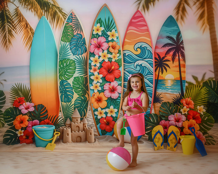 Sunset Surfboard Photography Backdrop – Vibrant Coastal Portrait Scene | HSD Backdrops