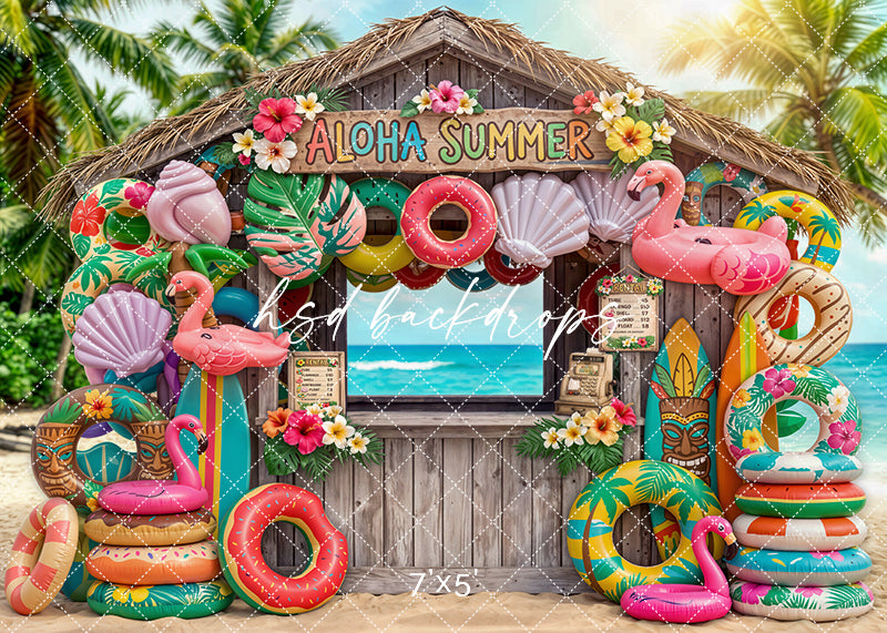 Aloha summer beach hut photography backdrop with tropical flowers, floaties, flamingos, surfboards, and island-inspired beach decor for kids portrait photography.