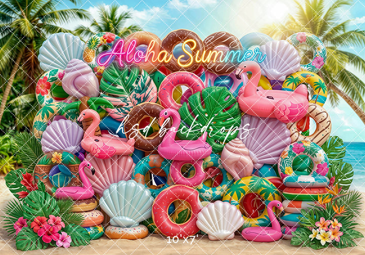 Aloha summer floatie wall photography backdrop with colorful pool floats, flamingos, seashells, tropical leaves, and beach-inspired decor for summer portrait photography.