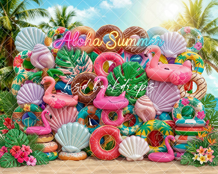 Aloha Summer Floatie Wall Photography Backdrop – Colorful Beach Portrait Scene | HSD Backdrops