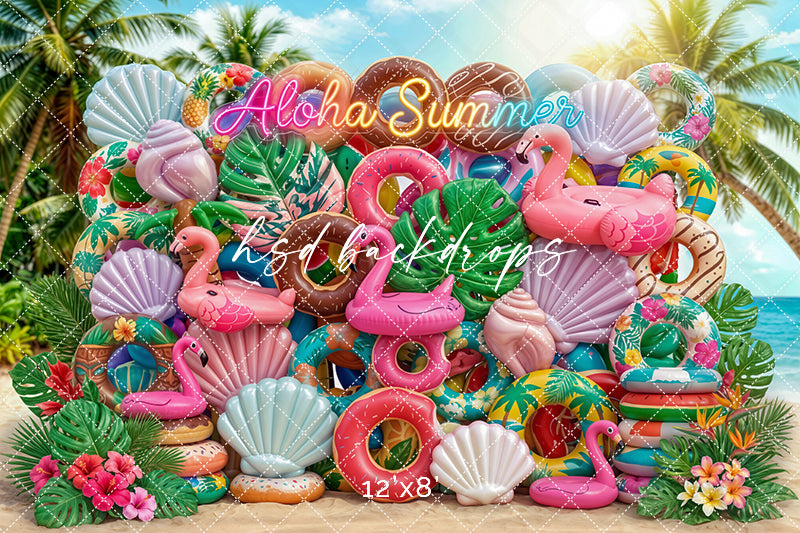 Aloha Summer Floatie Wall Photography Backdrop – Colorful Beach Portrait Scene | HSD Backdrops