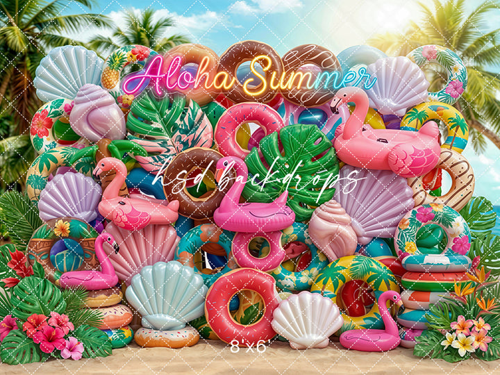 Aloha Summer Floatie Wall Photography Backdrop – Colorful Beach Portrait Scene | HSD Backdrops