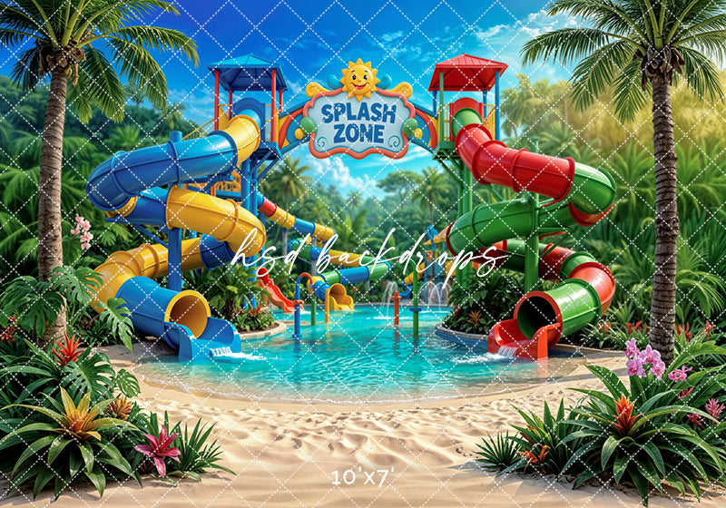 Tropical Splash Zone Photography Backdrop – Water Park Summer Portrait Scene | HSD Backdrops