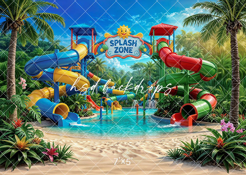 Tropical splash zone photography backdrop with colorful water slides, blue pool water, palm trees, and tropical greenery for summer portrait photography.