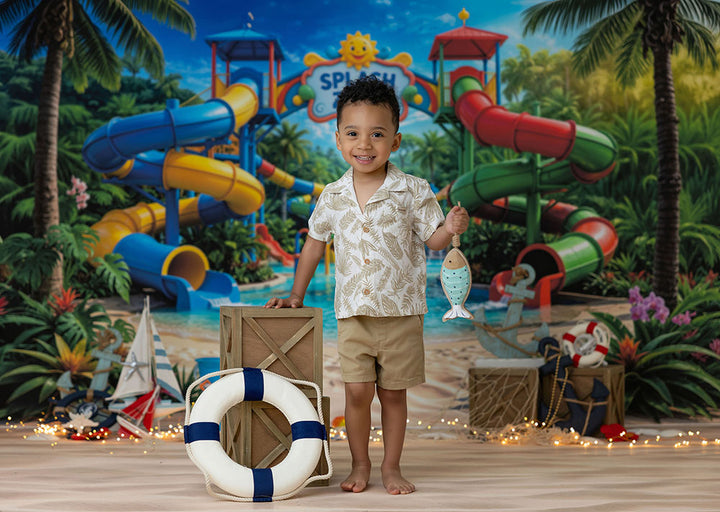 Tropical Splash Zone Photography Backdrop – Water Park Summer Portrait Scene | HSD Backdrops