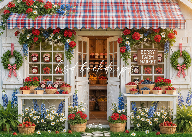 Berry Farm Market photography backdrop with a plaid awning, fresh berries, floral accents, rustic tables, and cottage doors for summer portrait photography.