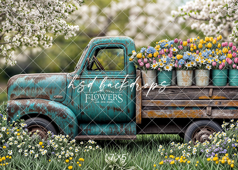 Rustic Blue Spring Flower Truck Backdrop for Photography – HSD ...