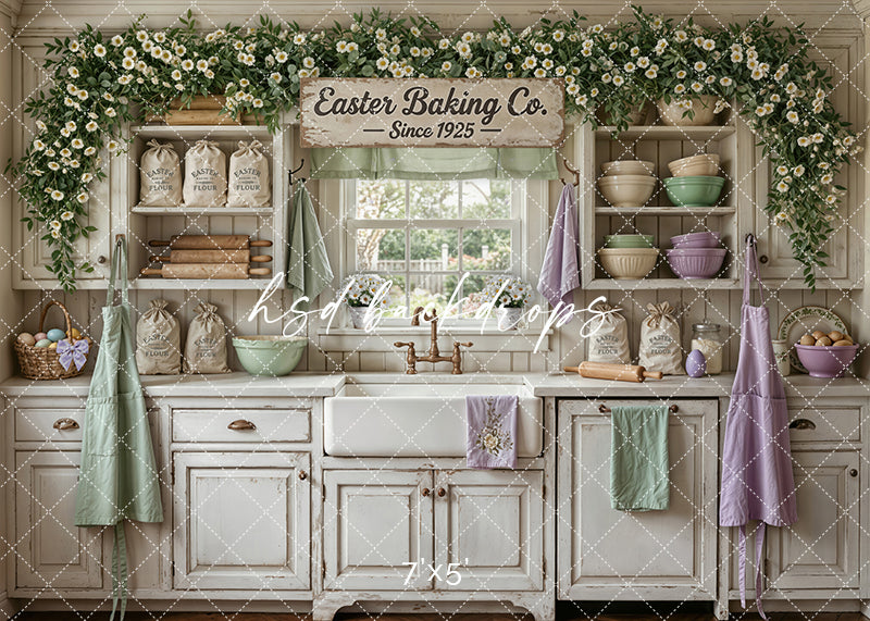 Vintage farmhouse Easter baking kitchen backdrop with pastel bowls, flour sacks, daisies, and rustic spring décor