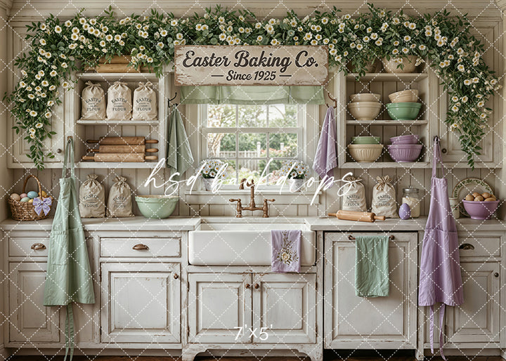 Vintage farmhouse Easter baking kitchen backdrop with pastel bowls, flour sacks, daisies, and rustic spring décor