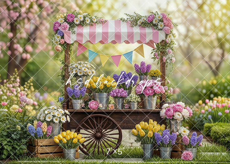 Spring flower cart backdrop with colorful garden blooms, vintage cart, and pastel canopy for photography
