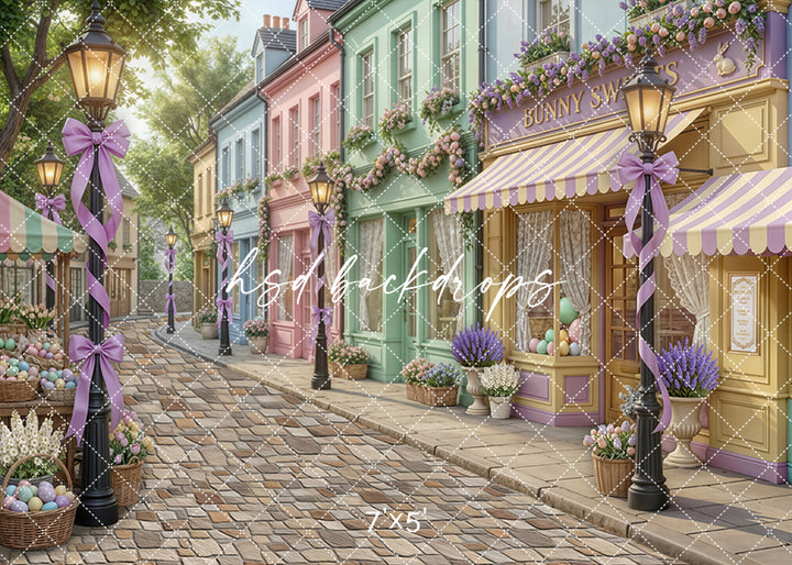 Pastel Easter street backdrop with colorful storefronts, cobblestone lane, florals, and baskets of spring eggs for photography