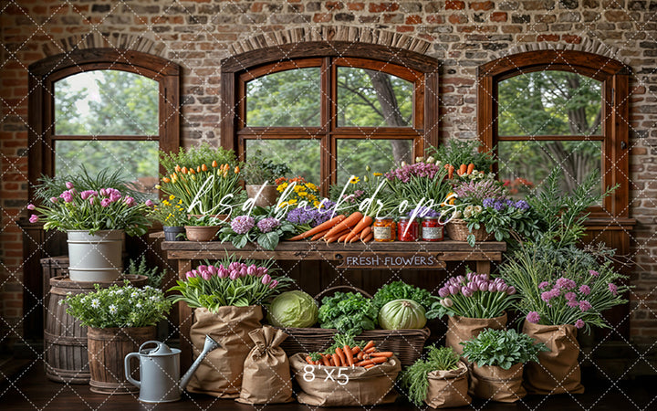 Brick Window Flower Market – Rustic Spring Backdrop