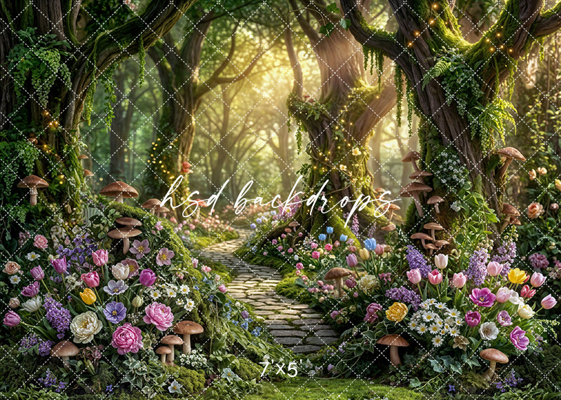 Whimsical enchanted forest backdrop with floral woodland path, mushrooms, moss, and glowing spring light