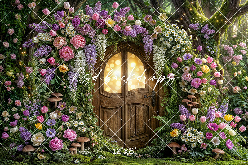 Enchanted Blossom Doorway – Whimsical Spring Garden Backdrop