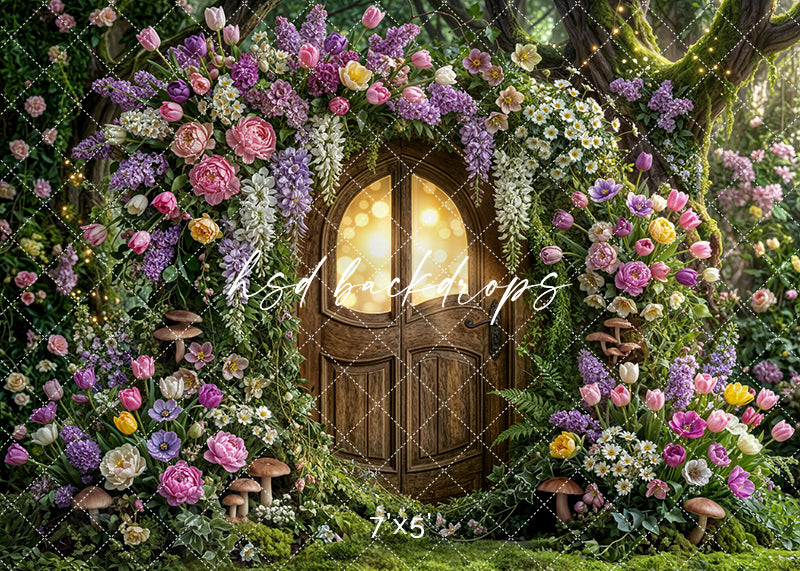 Whimsical spring garden backdrop with glowing wooden door, colorful florals, greenery, and fairy lights