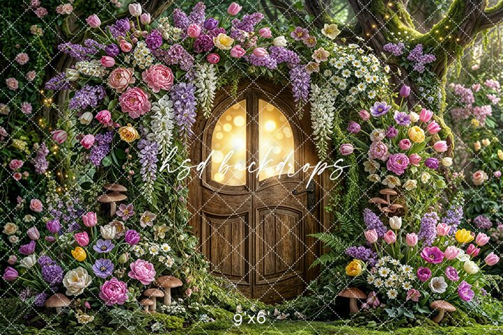 Enchanted Blossom Doorway – Whimsical Spring Garden Backdrop