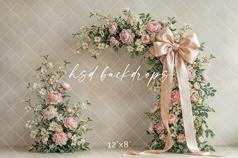 Blush Petal Bow Arch – Elegant Spring Floral Backdrop