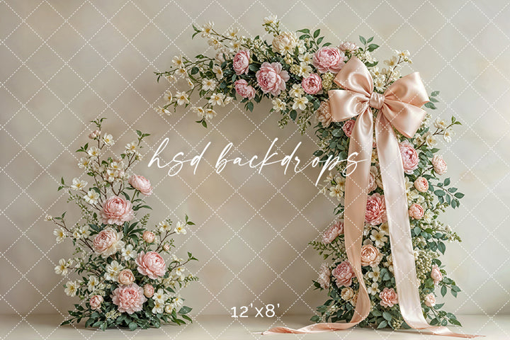 Blush Petal Bow Arch – Elegant Spring Floral Backdrop