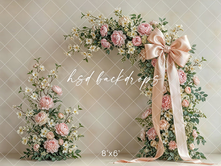 Blush Petal Bow Arch – Elegant Spring Floral Backdrop