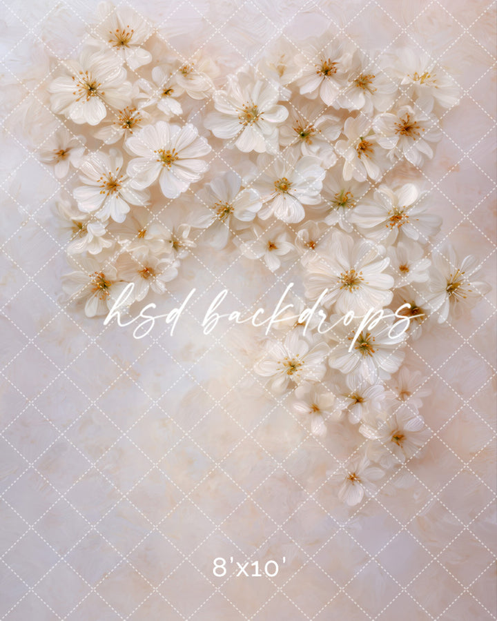 Ivory Petal Cascade backdrop with soft ivory flowers and dreamy spring texture.