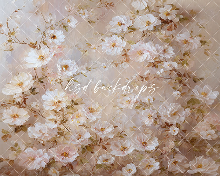 Soft Blossom Meadow romantic spring floral photography backdrop with soft blush flowers, white blossoms, and pastel garden texture for portraits and studio sessions