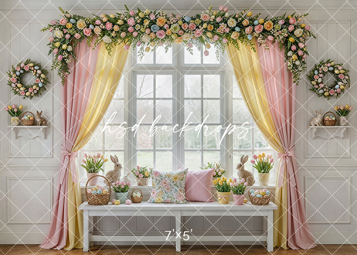 Pastel Bloom Window Easter floral backdrop with pink and yellow drapes, tulip arrangements, floral garlands, and bright spring window scene for photography.